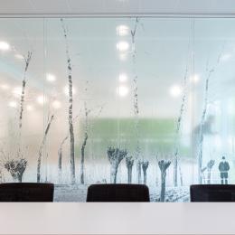 Double glass partition wall with design foil added at townhall Woerden