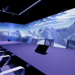 Meeting room with 360 degree projection of alps peaks with snow