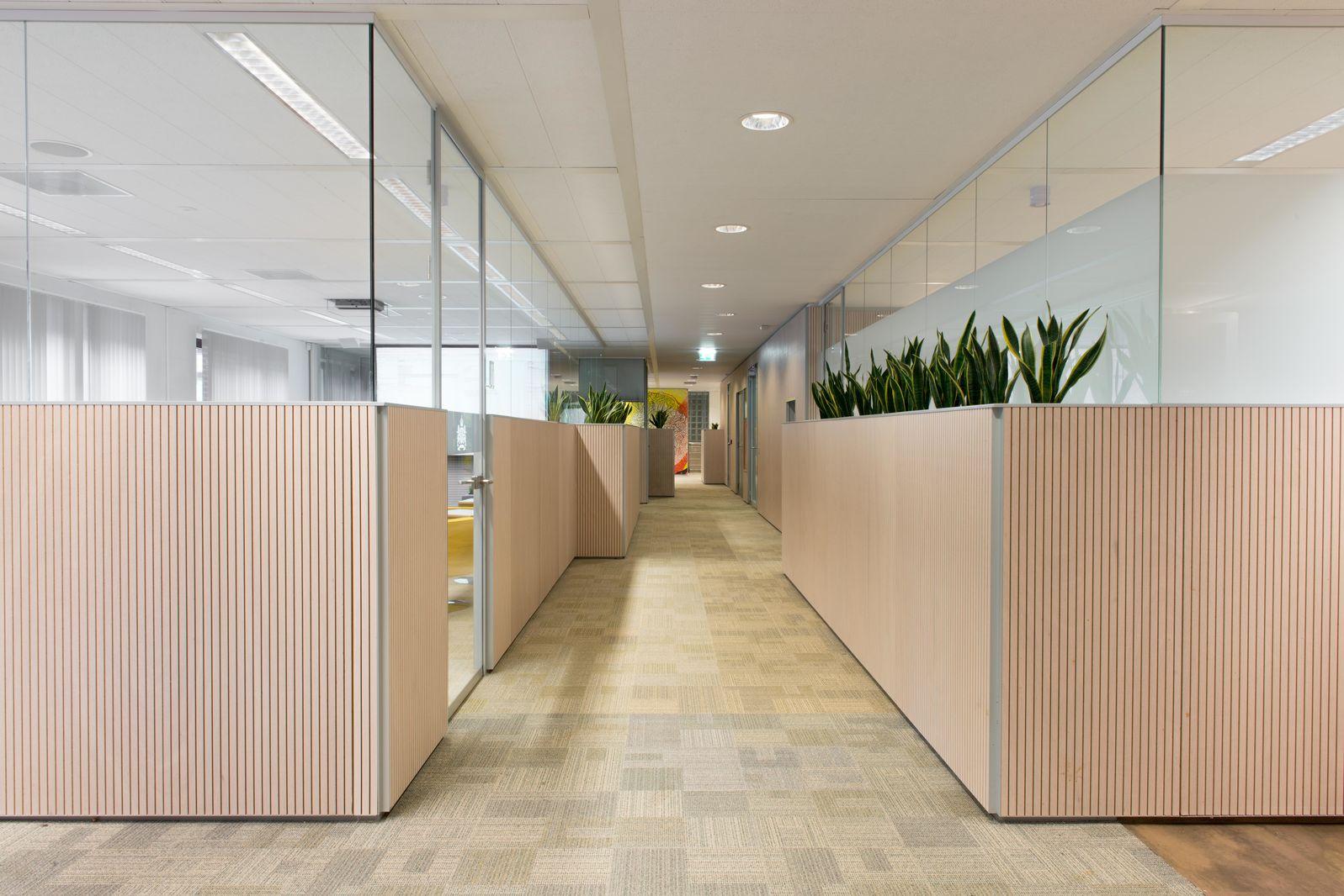 Glass office units with wood paneling ant planters