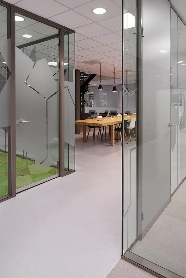 Multiple demountable partition walls with privacy film on the glass