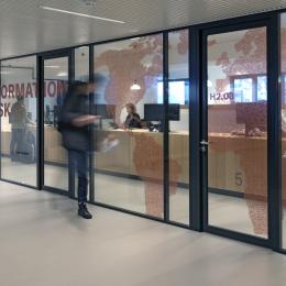 IQ-Pro partitions glass wall with vertical stands and vector design film added