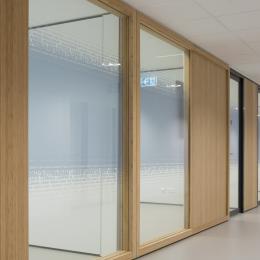 Corridor with closed partition and aluminum frames doors 