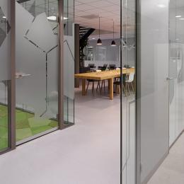 Multiple demountable partition walls with privacy film on the glass
