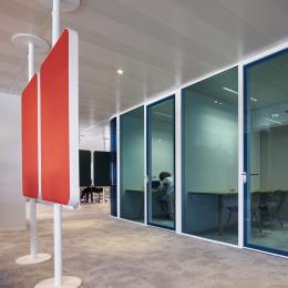 Corridor and office dividing partitions wall with blue glass