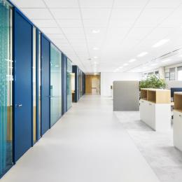 Singel glass partitions walls with HPL doors