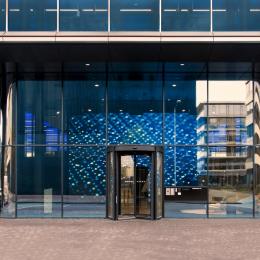 Entrance of The Flow building in Amsterdam Houthavens 