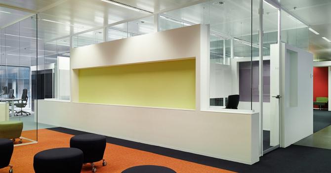 Glass office walls with integrated cabinets